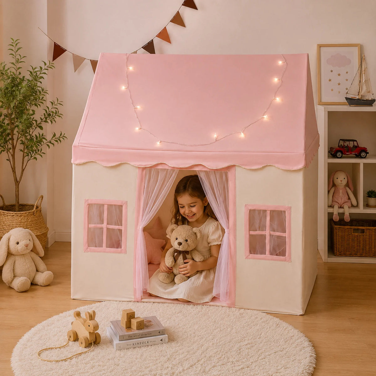 Tienda de juegos infantil plegable de algodón con diseño neutro, ideal para interiores, perfecta para crear un espacio de juego acogedor y divertido para 5
