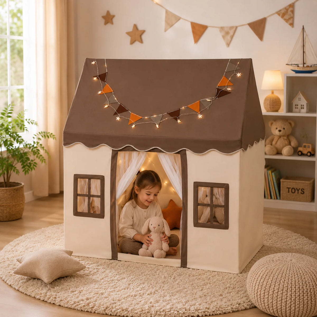 Tienda de juegos infantil plegable de algodón con diseño neutro, ideal para interiores, perfecta para crear un espacio de juego acogedor y divertido para 7