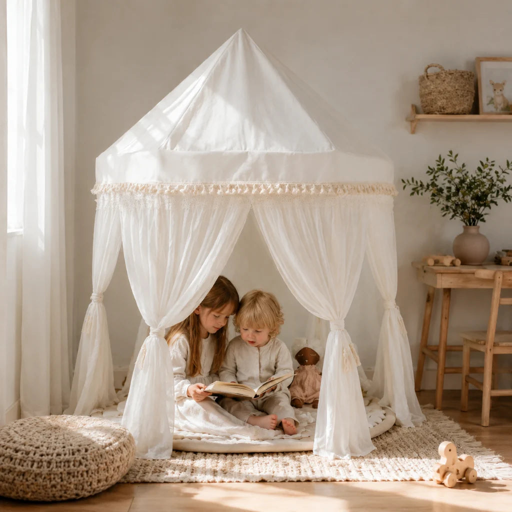Tienda de juegos infantil boho con marco de madera y lona de algodón lavable de 120x145 cm, ideal para fomentar la creatividad y 0