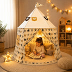 Tienda de juegos infantil con estampado de estrellas blancas y abertura frontal, ideal para crear un espacio acogedor y divertido para niños. 0