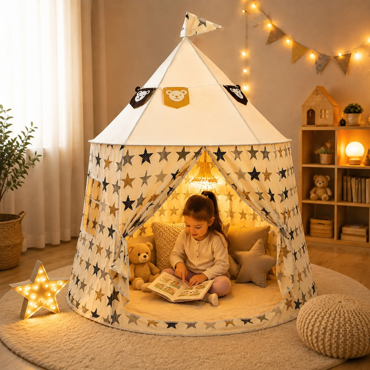 Tienda de juegos infantil con estampado de estrellas blancas y abertura frontal, ideal para crear un espacio acogedor y divertido para niños. 0