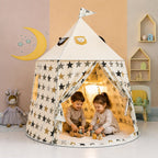 Tienda de juegos infantil con estampado de estrellas blancas y abertura frontal, ideal para crear un espacio acogedor y divertido para niños. 2
