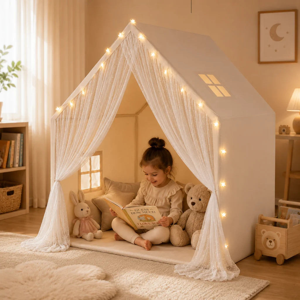 Tienda de juegos infantil plegable en beige de algodón con luces LED y detalles de encaje, diseño bohemio ideal para crear un espacio de 0