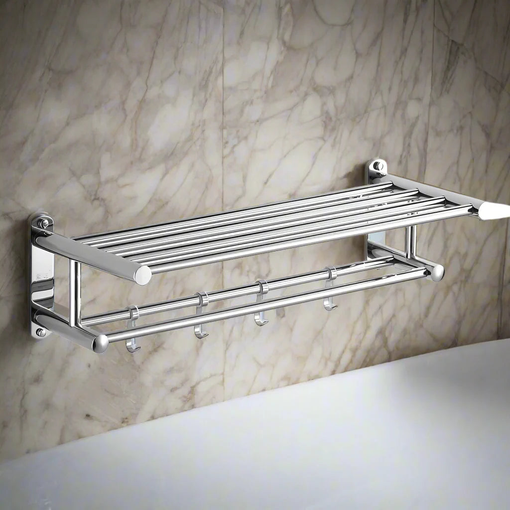 Toallero de acero inoxidable resistente al óxido para baño con diseño moderno, instalación autoadhesiva o con tornillo, en color plata. 0