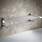 Toallero de acero inoxidable resistente al óxido para baño con diseño moderno, instalación autoadhesiva o con tornillo, en color plata. 0