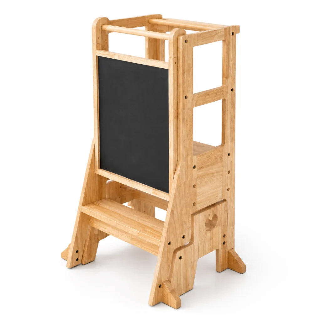 Torre de Aprendizaje Montessori ajustable 3 en 1 de madera natural, ideal para niños, con diseño minimalista que fomenta la 1