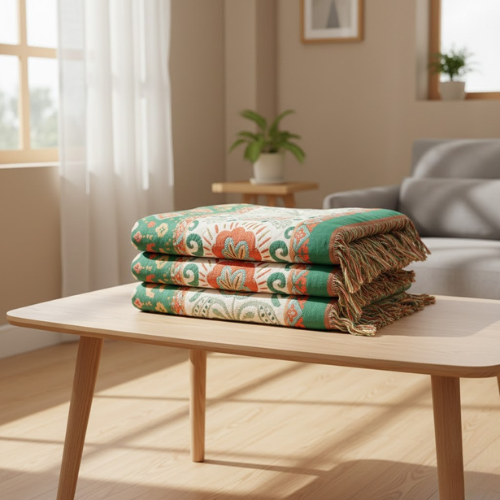 Manta floral con borlas - Algodón