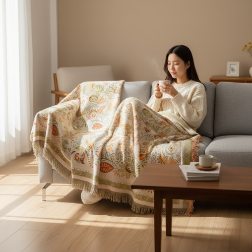 Manta floral con borlas - Algodón