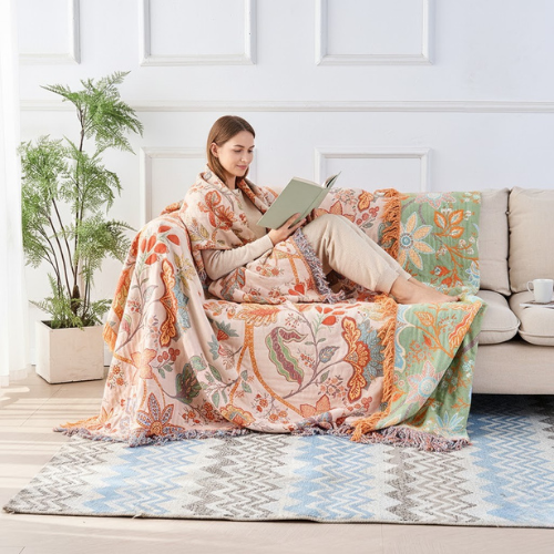 Manta floral Boho para sofá - Manta de algodón