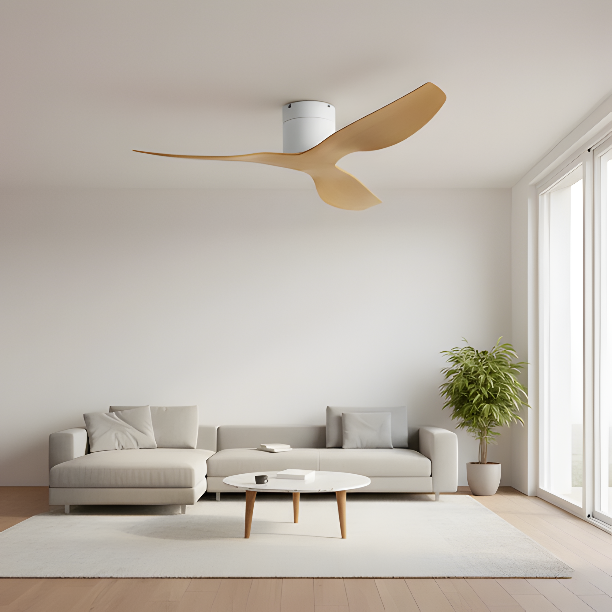 Ventilador de techo de madera clara y blanco - Diseño escandinavo