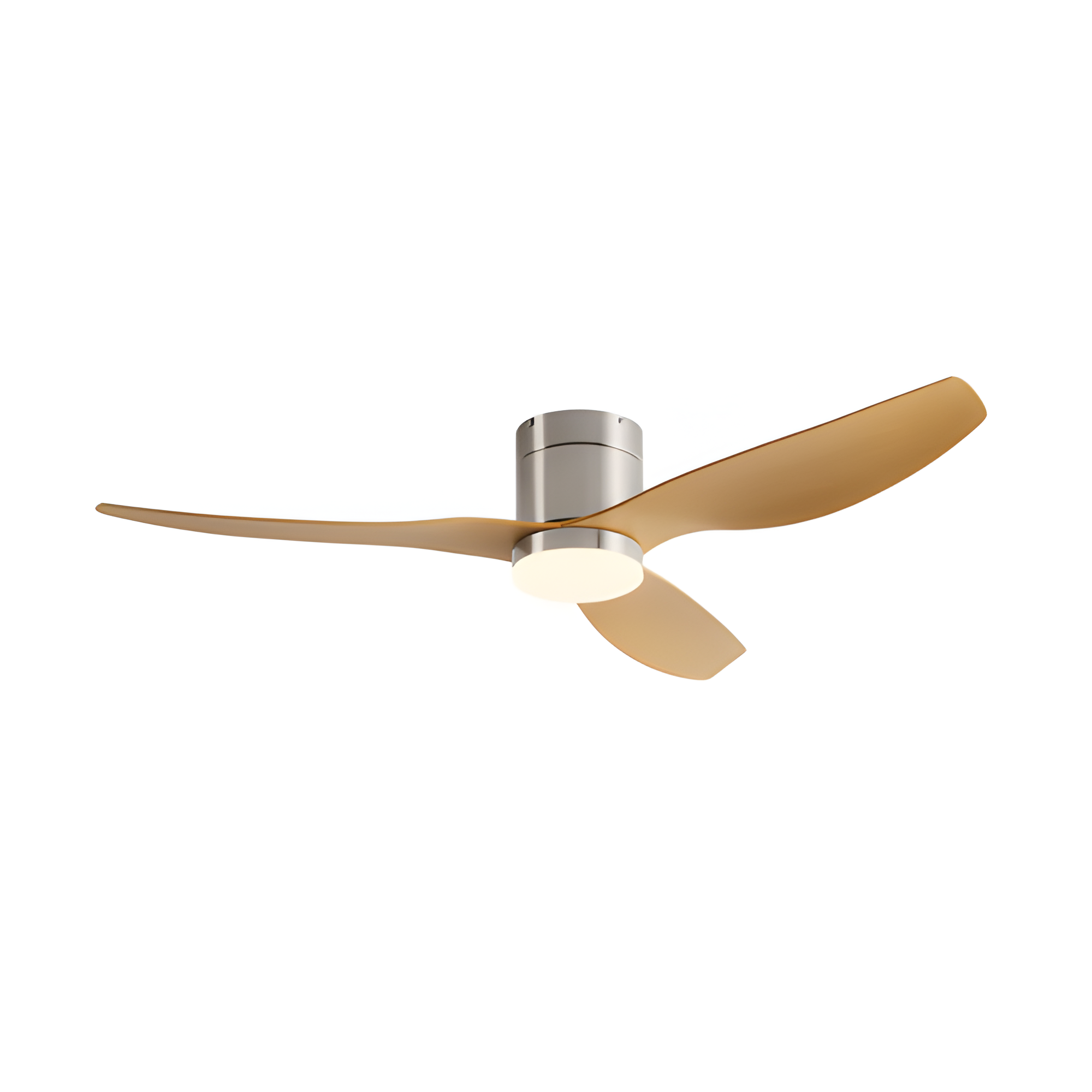 Ventilador de techo plateado y madera clara - Luminosidad y modernidad