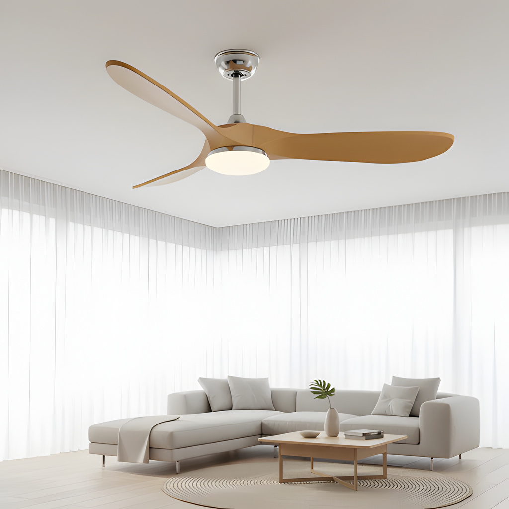 Ventilador De Techo De Cromo Y Madera Natural - Decoración Estética
