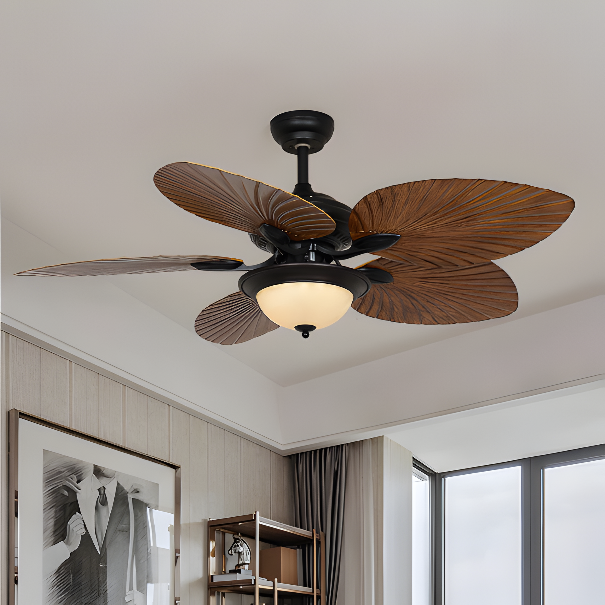 Ventilador De Techo De Madera Tropical - Diseño De Aspas En Forma De Hoja