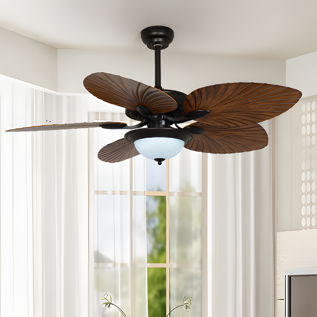 Ventilador De Techo De Madera Tropical - Diseño De Aspas En Forma De Hoja