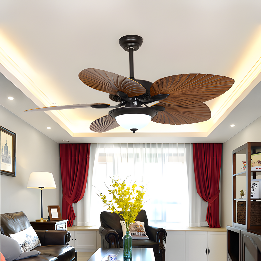 Ventilador De Techo De Madera Tropical - Diseño De Aspas En Forma De Hoja