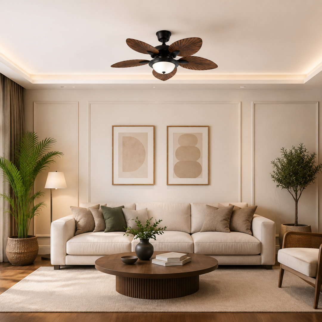 Ventilador De Techo De Madera Tropical - Diseño De Aspas En Forma De Hoja