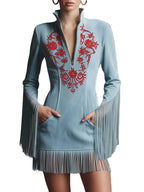 Vestido corto de gamuza sintética azul con bordado rojo y borlas, estilo retro western para mujer, ideal para ocasiones casuales y festiv 0