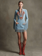 Vestido corto de gamuza sintética azul con bordado rojo y borlas, estilo retro western para mujer, ideal para ocasiones casuales y festiv 1