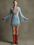 Vestido corto de gamuza sintética azul con bordado rojo y borlas, estilo retro western para mujer, ideal para ocasiones casuales y festiv 2