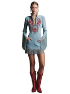 Vestido corto de gamuza sintética azul con bordado rojo y borlas, estilo retro western para mujer, ideal para ocasiones casuales y festiv 3