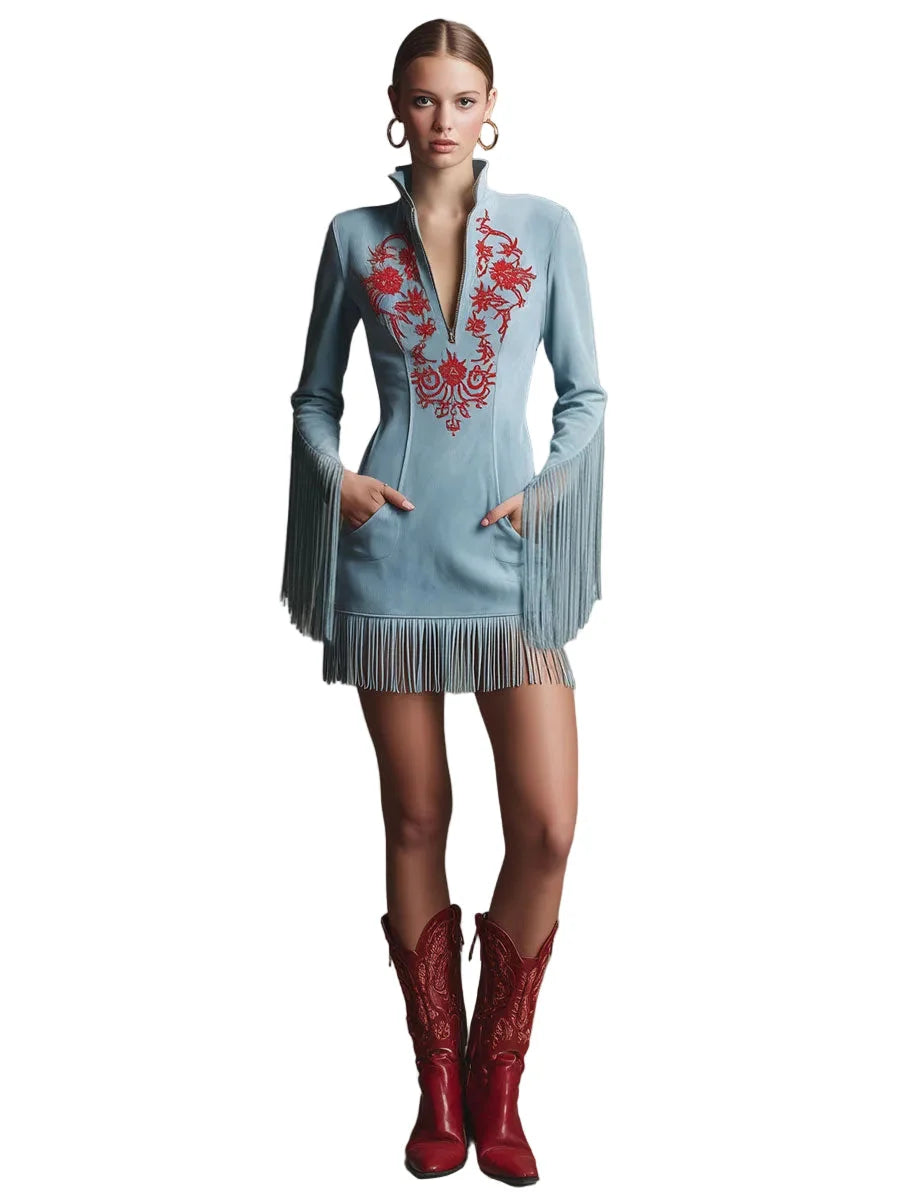 Vestido corto de gamuza sintética azul con bordado rojo y borlas, estilo retro western para mujer, ideal para ocasiones casuales y festiv 3