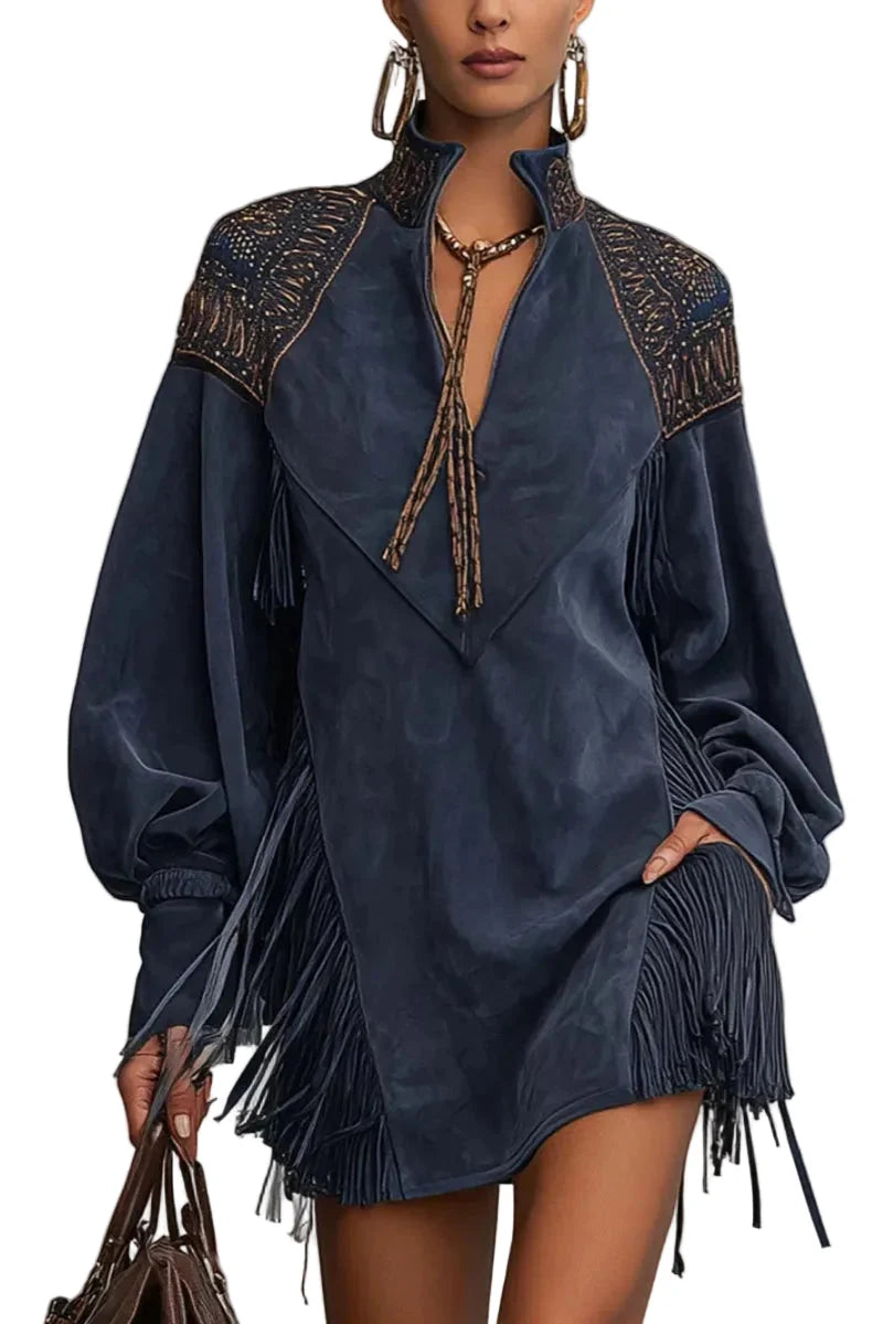 Vestido corto de gamuza sintética en color índigo, adornado con bordados y borlas, con un elegante diseño bohemio ideal 3
