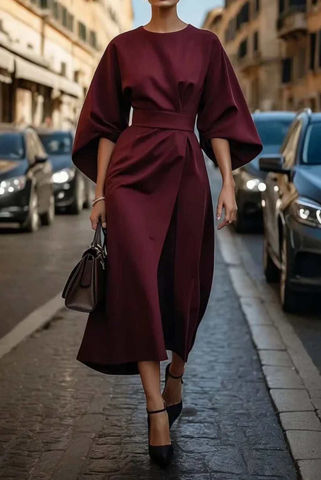 Vestido elegante midi con mangas acampanadas y cinturón ajustable, ideal para ocasiones especiales y eventos formales. 2