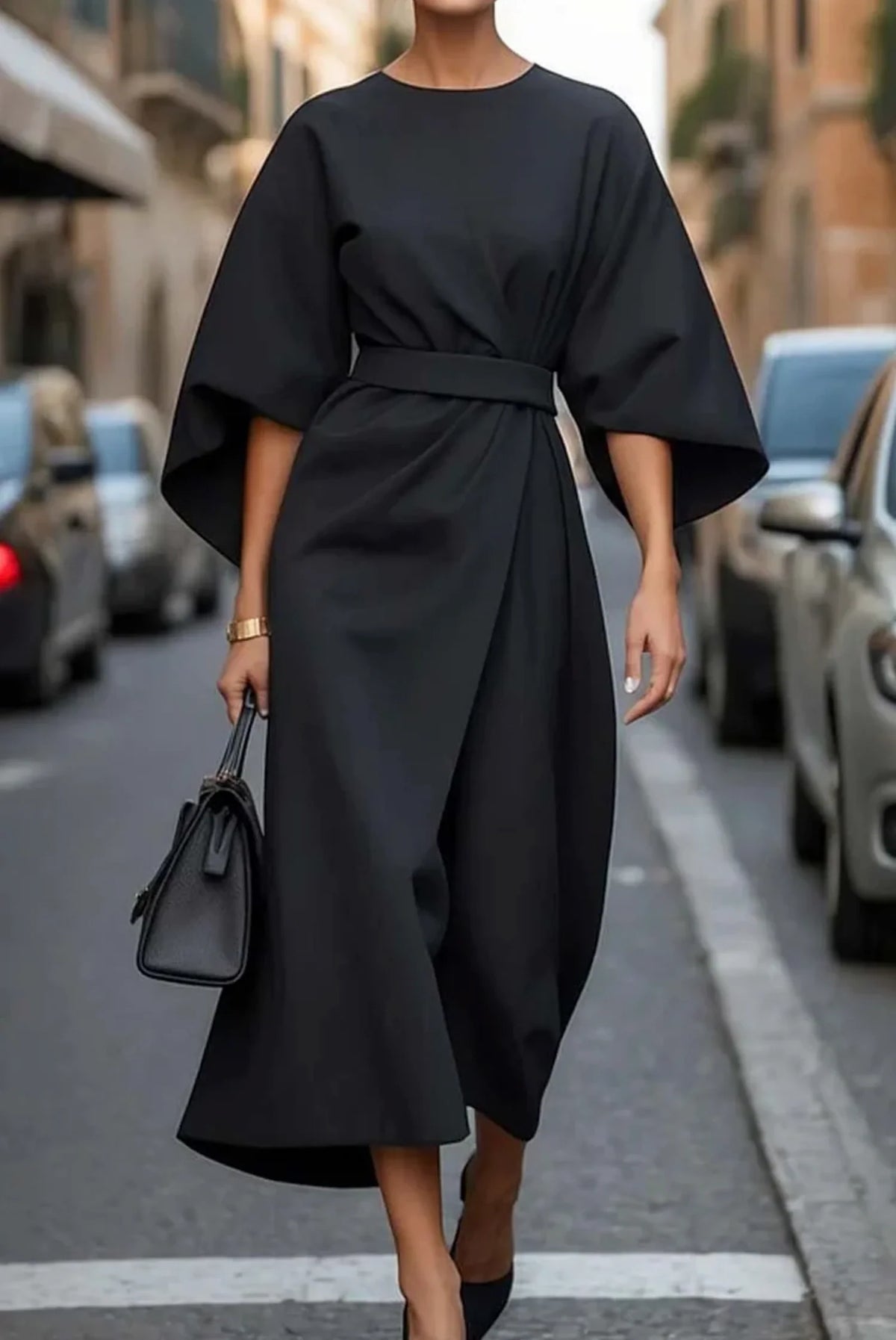 Vestido elegante midi con mangas acampanadas y cinturón ajustable, ideal para ocasiones especiales y eventos formales. 3