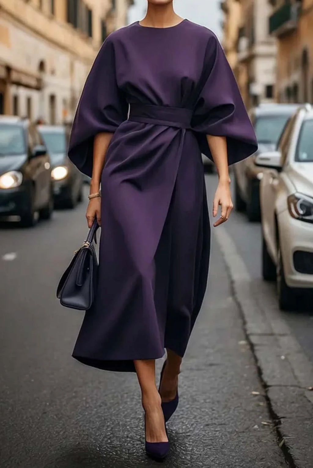 Vestido elegante midi con mangas acampanadas y cinturón ajustable, ideal para ocasiones especiales y eventos formales. 4