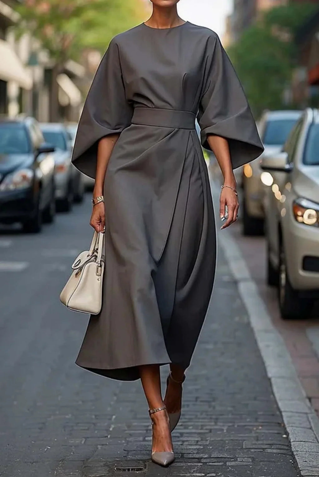 Vestido elegante midi con mangas acampanadas y cinturón ajustable, ideal para ocasiones especiales y eventos formales. 5