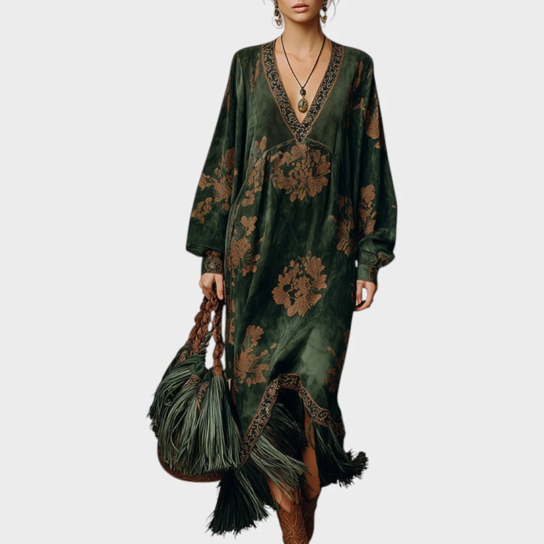 Vestido largo para mujer en gamuza sintética, con estampado retro y pompones en color verde, ideal para ocasiones elegantes y cómod 0