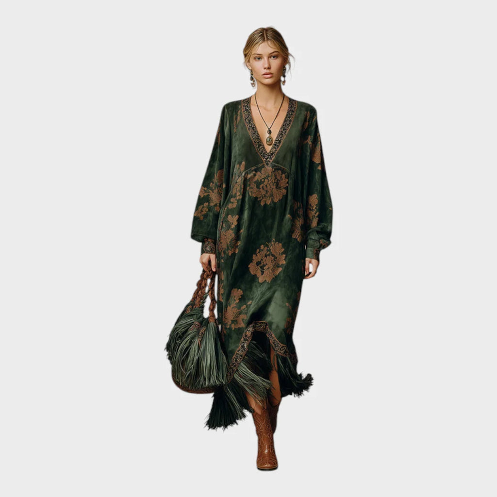 Vestido largo para mujer en gamuza sintética, con estampado retro y pompones en color verde, ideal para ocasiones elegantes y cómod 1