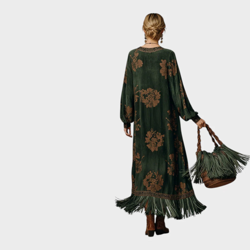 Vestido largo para mujer en gamuza sintética, con estampado retro y pompones en color verde, ideal para ocasiones elegantes y cómod 2