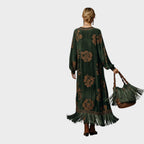Vestido largo para mujer en gamuza sintética, con estampado retro y pompones en color verde, ideal para ocasiones elegantes y cómod 2