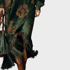 Vestido largo para mujer en gamuza sintética, con estampado retro y pompones en color verde, ideal para ocasiones elegantes y cómod 3