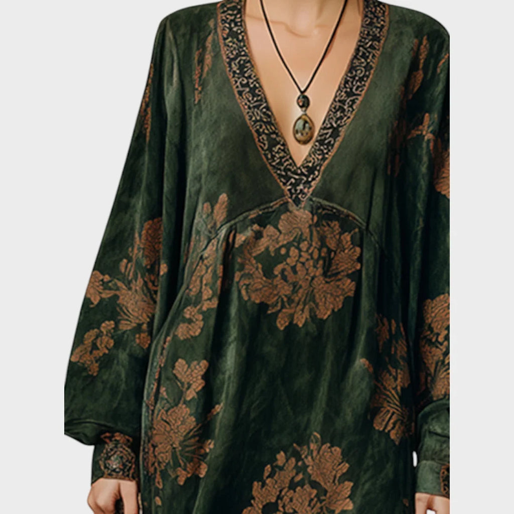 Vestido largo para mujer en gamuza sintética, con estampado retro y pompones en color verde, ideal para ocasiones elegantes y cómod 4