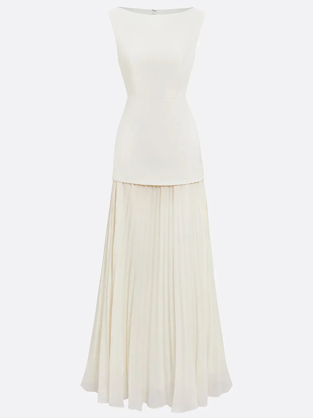 Vestido largo plisado con escote barco, ideal para eventos especiales, que combina elegancia y movimiento en su diseño. 3