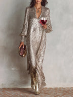 Vestido largo de noche elegante para mujer con escote en V y tejido brillante, ideal para fiestas y eventos especiales. 0