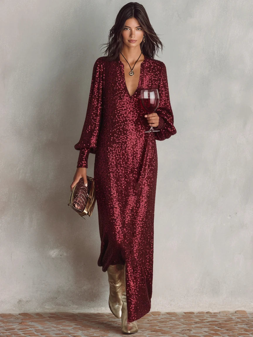Vestido largo de noche elegante para mujer con escote en V y tejido brillante, ideal para fiestas y eventos especiales. 1