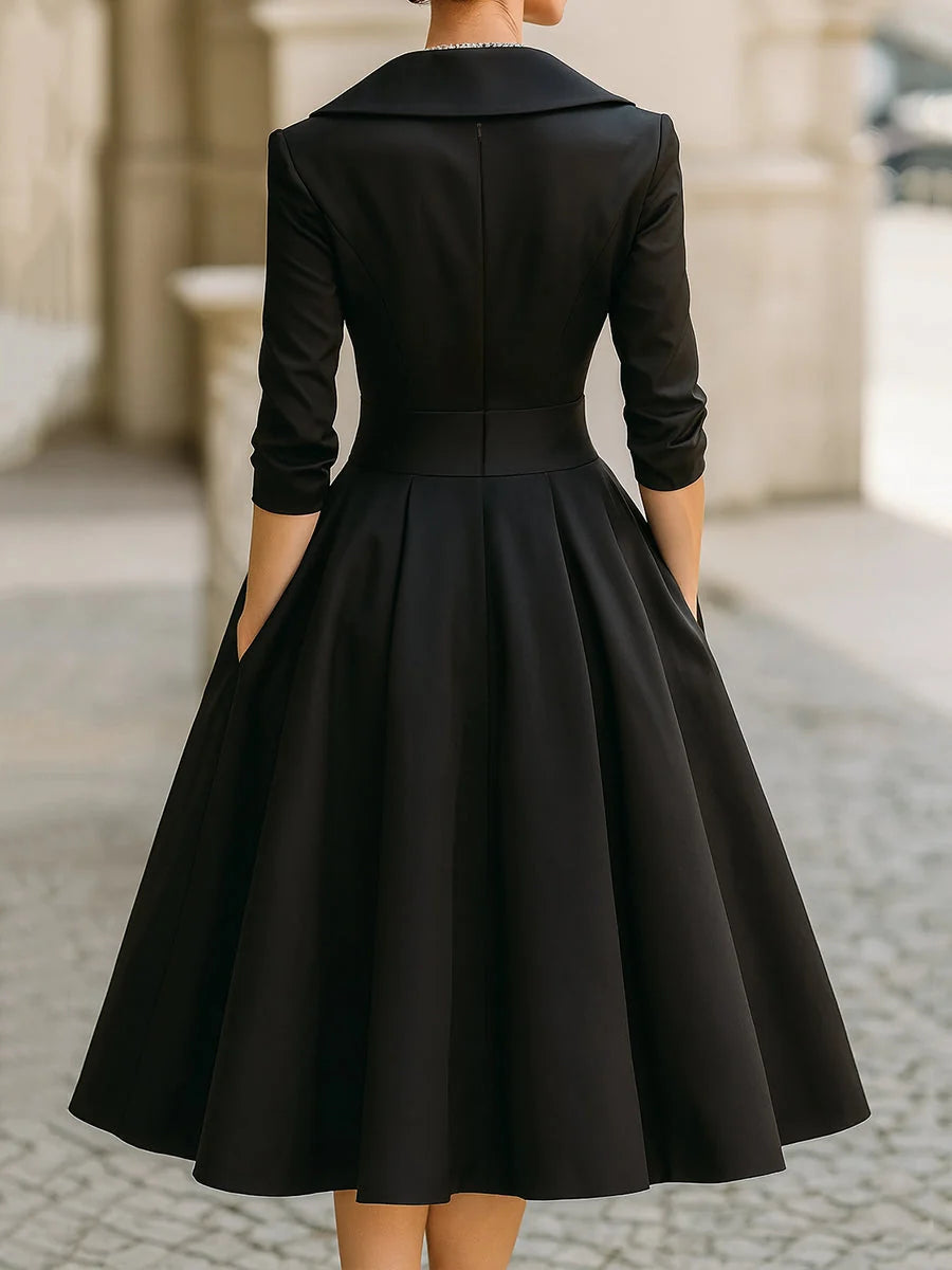 Vestido midi elegante con escote en V y mangas 3/4, ideal para ocasiones especiales y eventos formales, en un diseño moderno y 1
