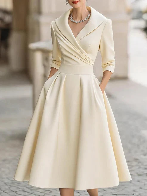 Vestido midi elegante con escote en V y mangas 3/4, ideal para ocasiones especiales y eventos formales, en un diseño moderno y 4
