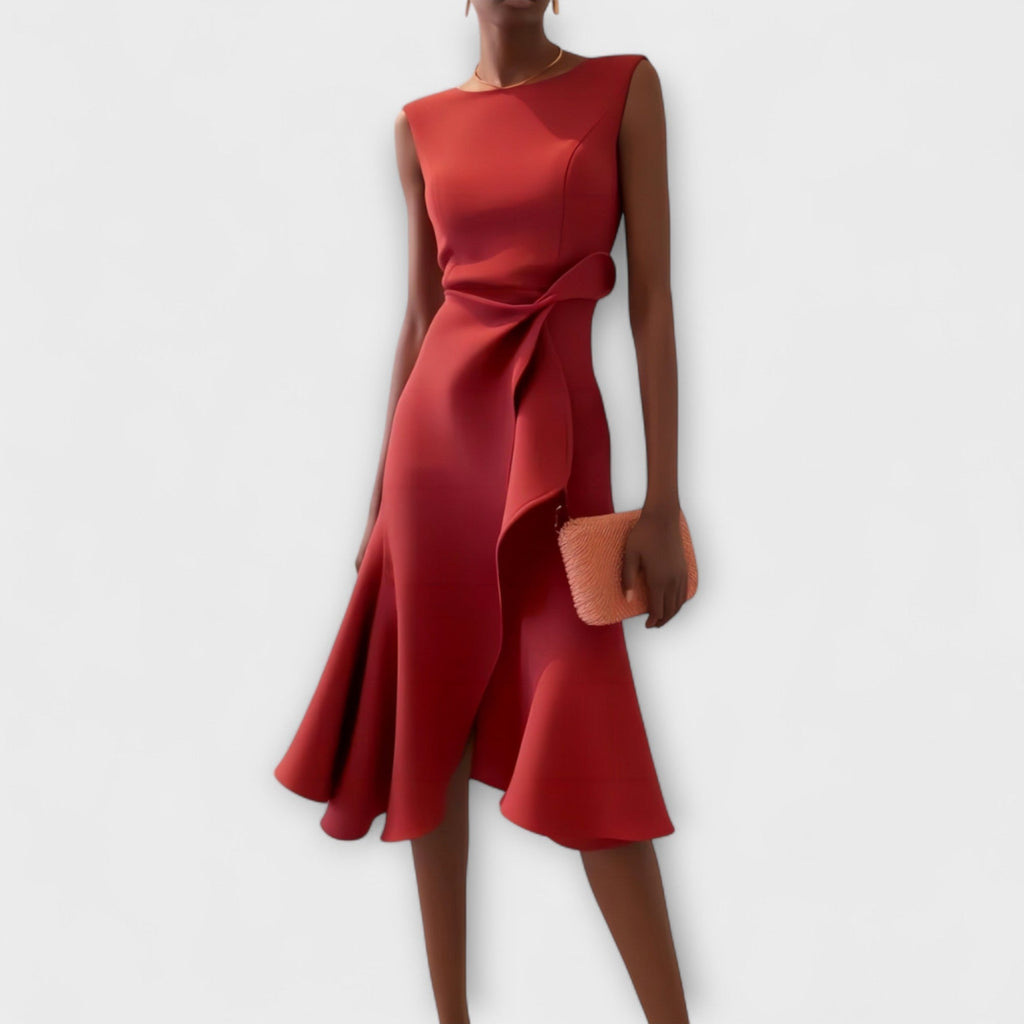 Vestido midi asimétrico drapeado sin mangas en color elegante, ideal para fiestas y ocasiones especiales, mostrando un diseño sofisticado y contempor 0