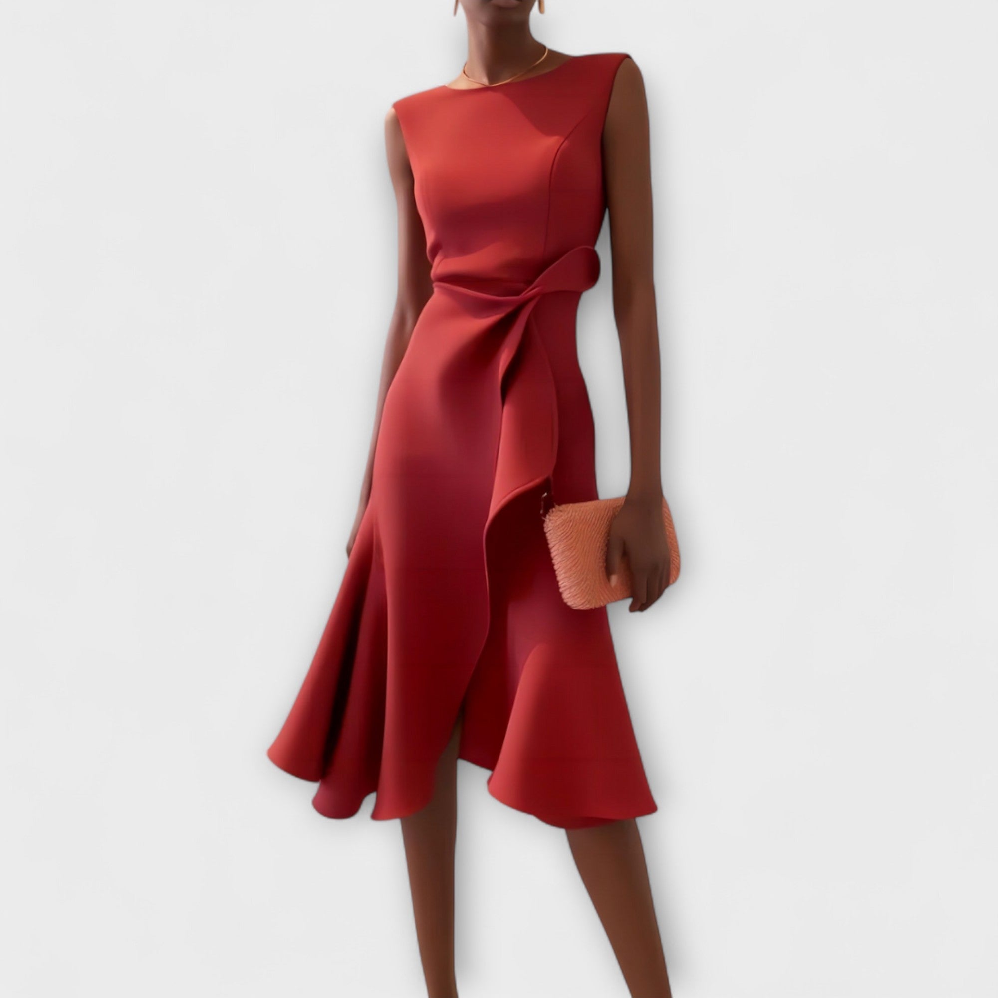 Vestido midi asimétrico drapeado sin mangas en color elegante, ideal para fiestas y ocasiones especiales, mostrando un diseño sofisticado y contempor 0