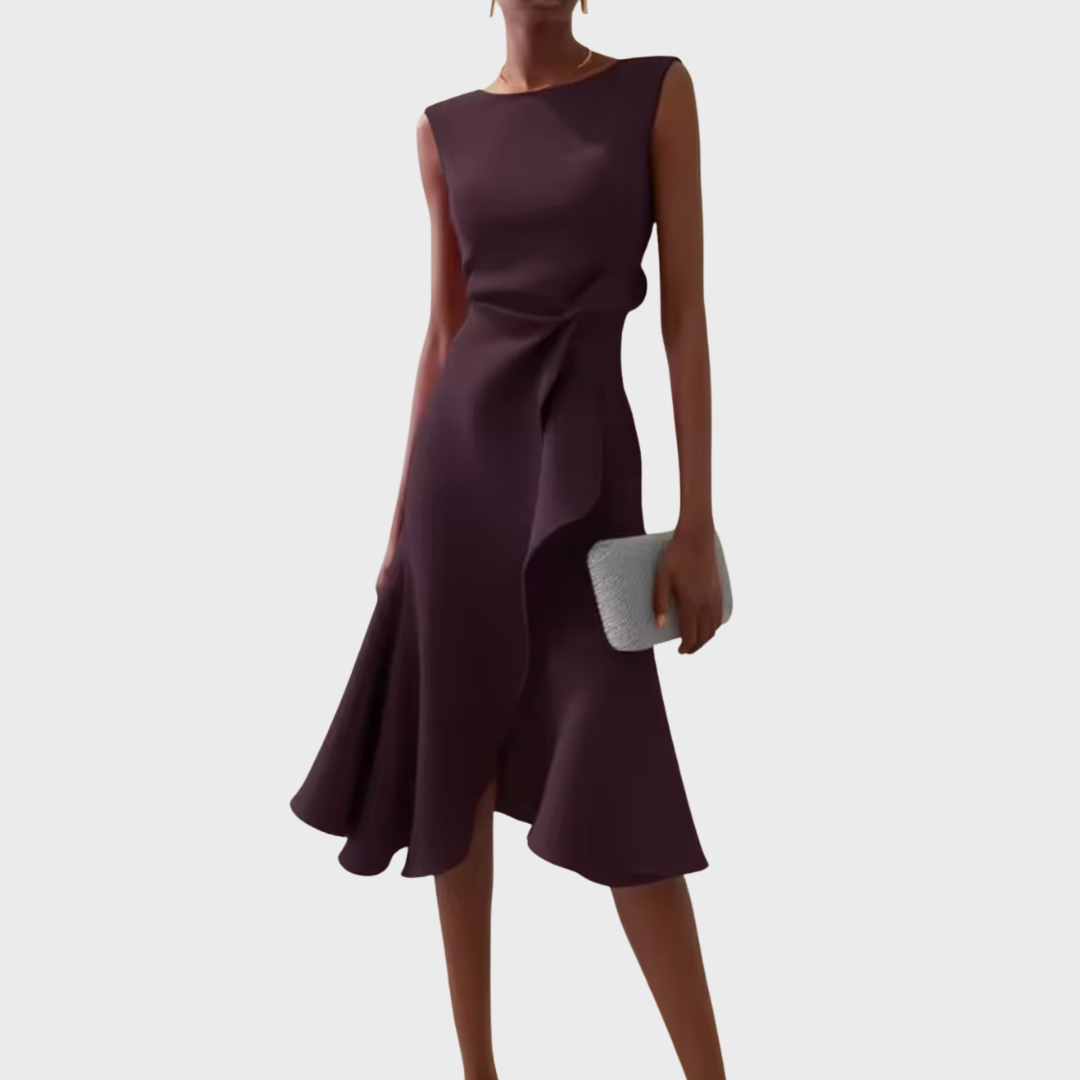 Vestido midi asimétrico drapeado sin mangas en color elegante, ideal para fiestas y ocasiones especiales, mostrando un diseño sofisticado y contempor 10