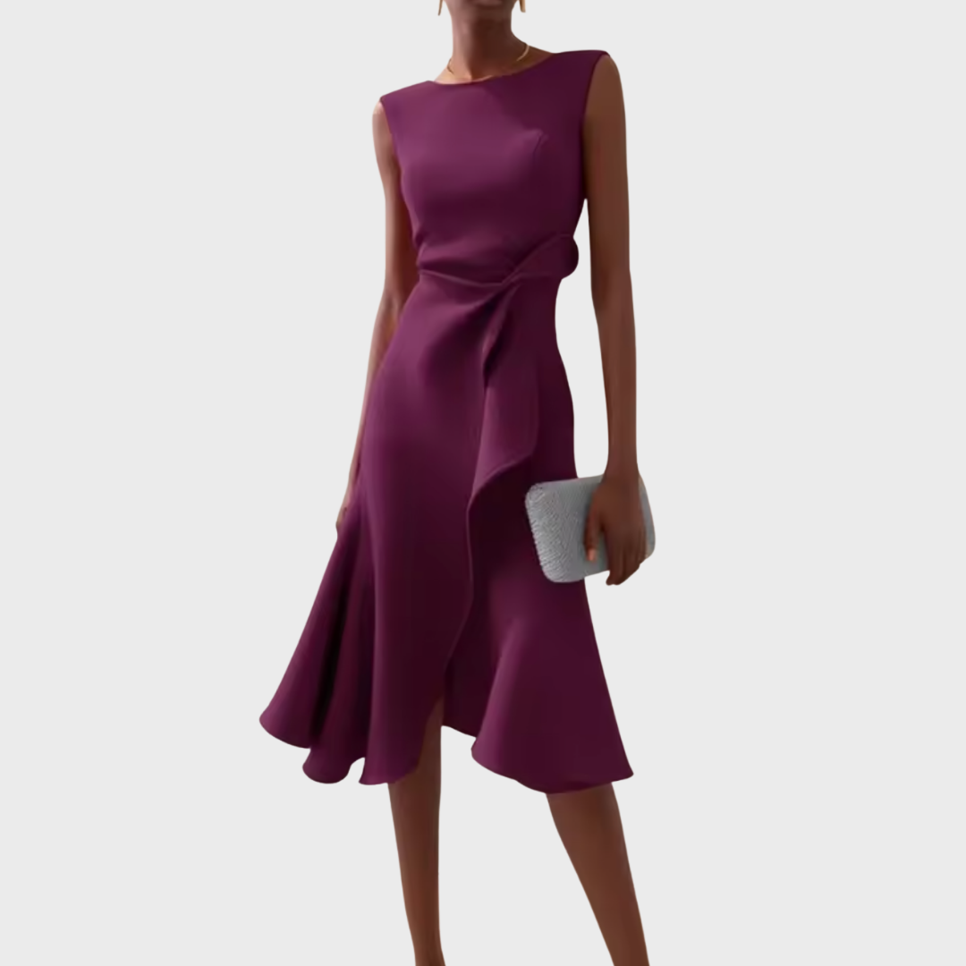 Vestido midi asimétrico drapeado sin mangas en color elegante, ideal para fiestas y ocasiones especiales, mostrando un diseño sofisticado y contempor 6