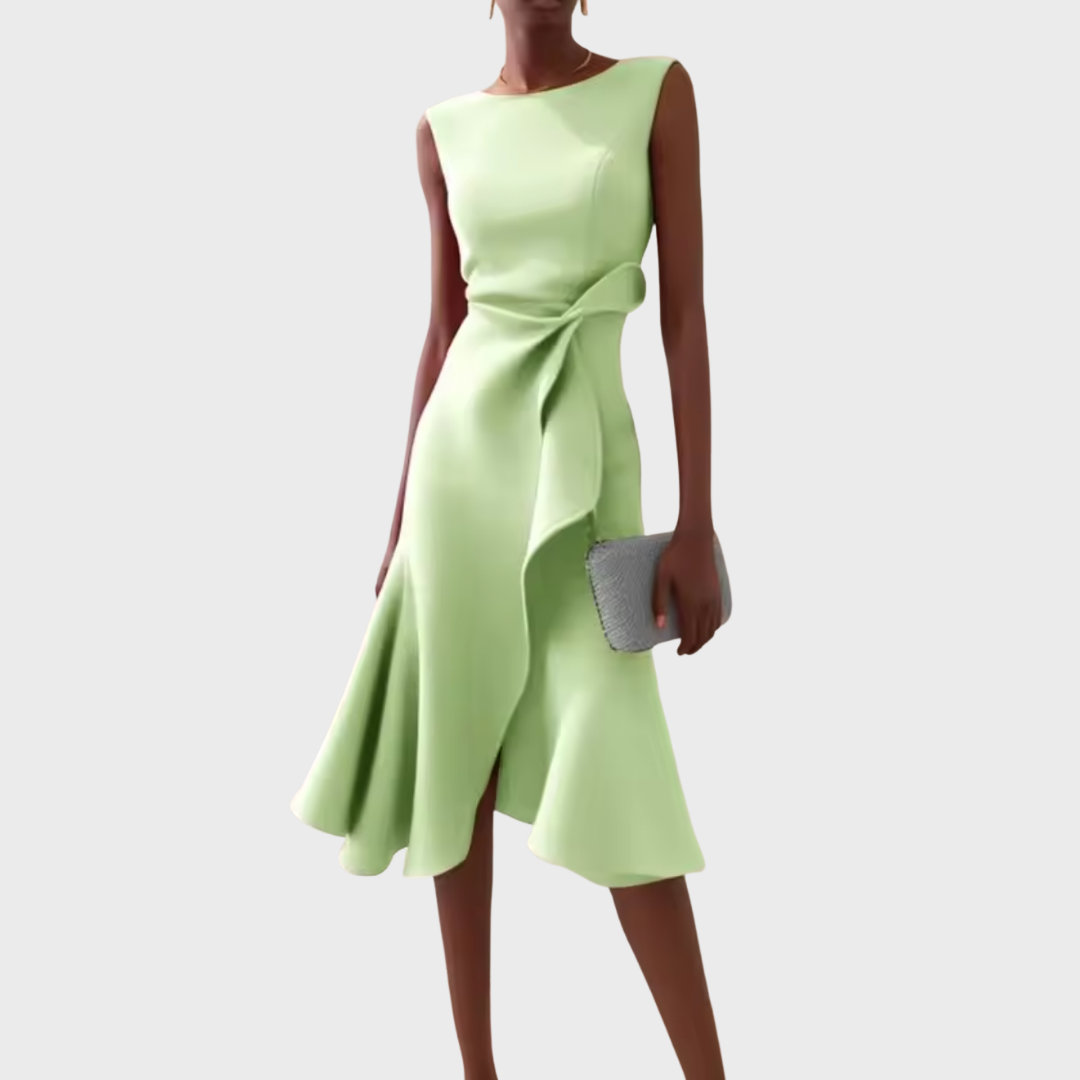 Vestido midi asimétrico drapeado sin mangas en color elegante, ideal para fiestas y ocasiones especiales, mostrando un diseño sofisticado y contempor 7