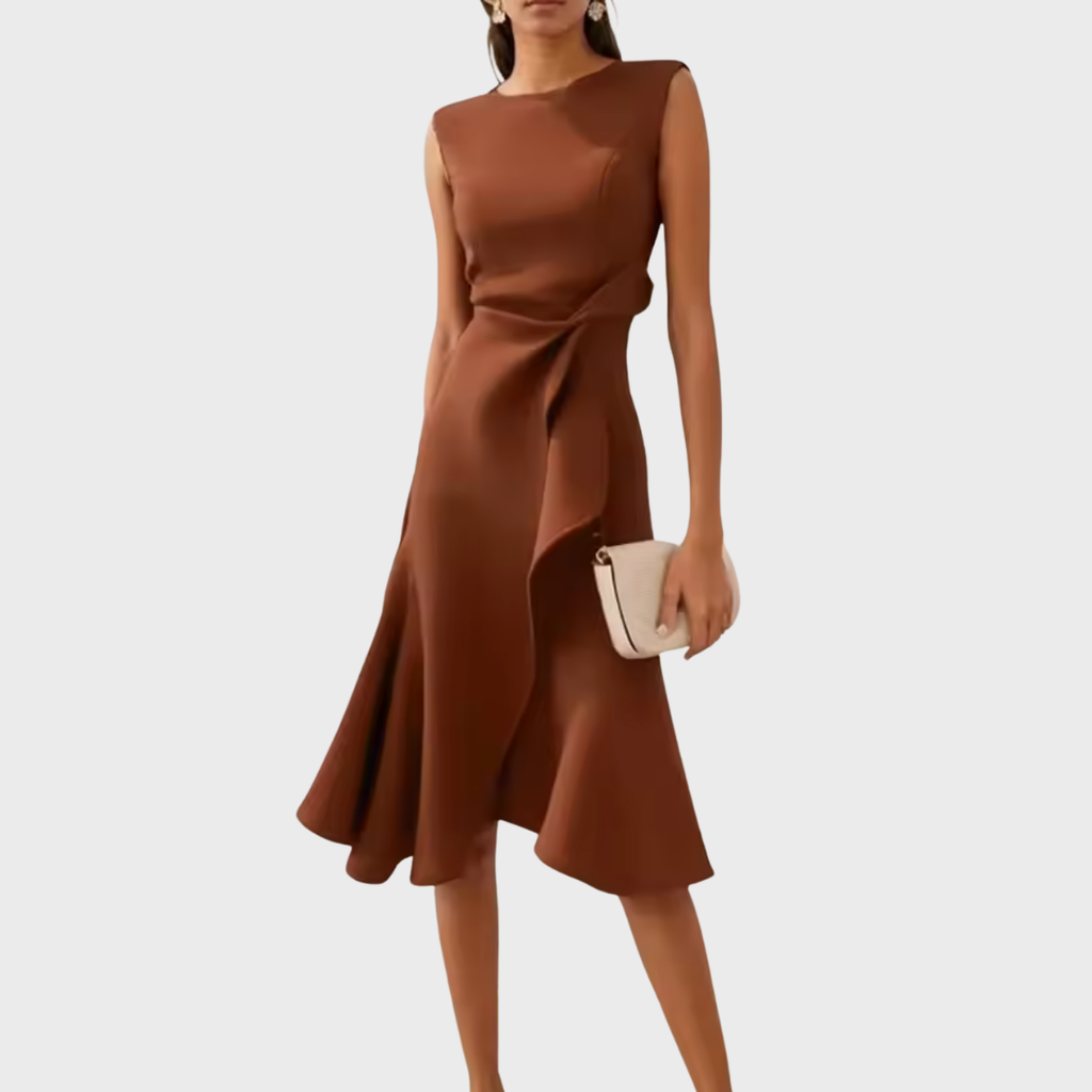 Vestido midi asimétrico drapeado sin mangas en color elegante, ideal para fiestas y ocasiones especiales, mostrando un diseño sofisticado y contempor 8