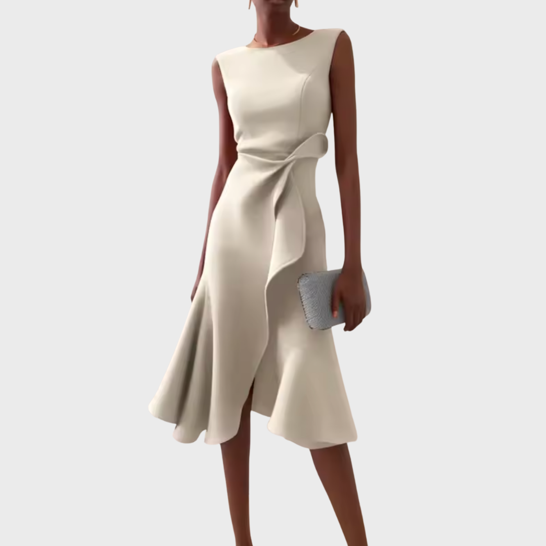 Vestido midi asimétrico drapeado sin mangas en color elegante, ideal para fiestas y ocasiones especiales, mostrando un diseño sofisticado y contempor 9