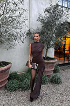 Vestido asimétrico para mujer con volantes, escote alto y diseño elegante, ideal para invitadas a bodas y fiestas nocturnas 4