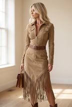 Vestido de ante sintético con flecos dinámicos, ajustado y disponible en cuatro colores para mujer, ideal para ocasiones casuales y elegantes 0